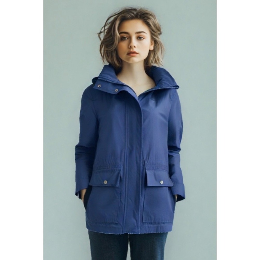 Lands End Chore Rain Jacket Size Small Blue Removable Hood Zip Sna 2 Way Pockets